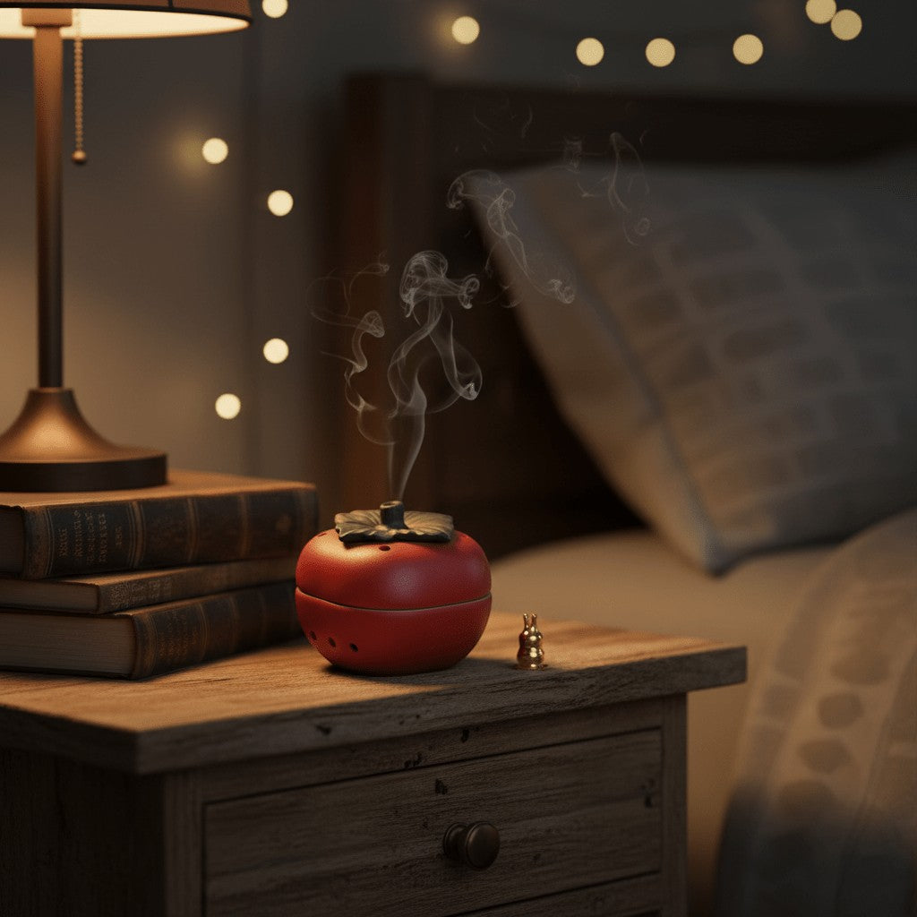 Glow & Drift red ceramic persimmon incense vessel on a wooden nightstand with smoke drifting from the stem