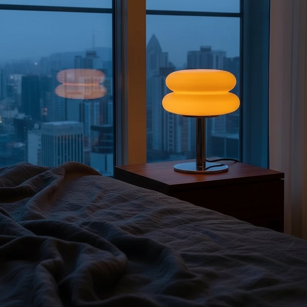 Glow & Drift Retro Macaron glass lamp with a warm glowing mushroom shade on a polished steel base on a nightstand.