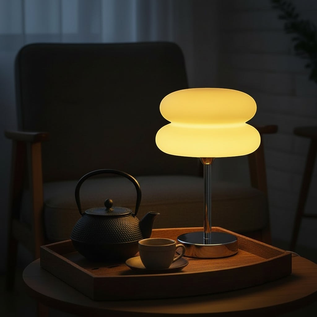 Glow & Drift Retro Macaron glass lamp with a sandblasted mushroom shade and polished steel base glowing on a tray.