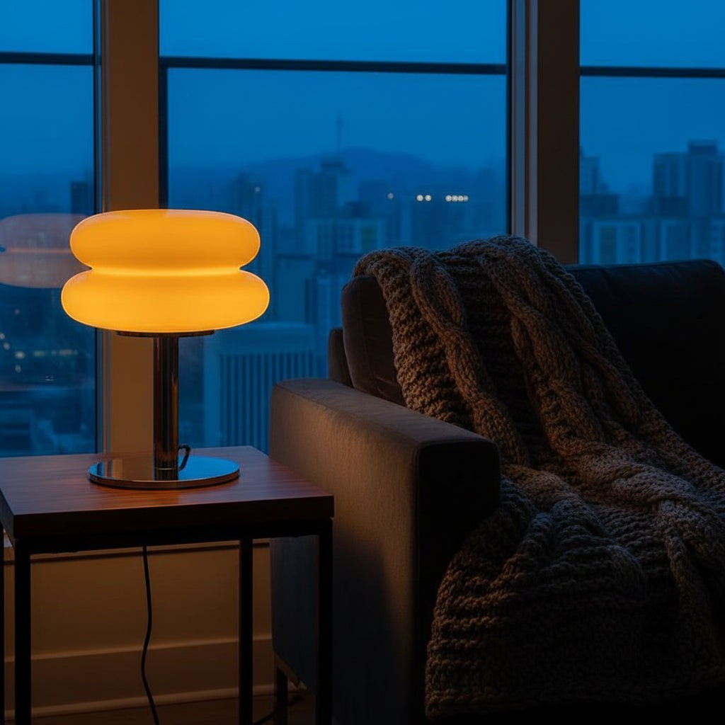 Glow & Drift Retro Macaron glass mushroom lamp with a polished steel base glowing warmly on a bedside table at night.