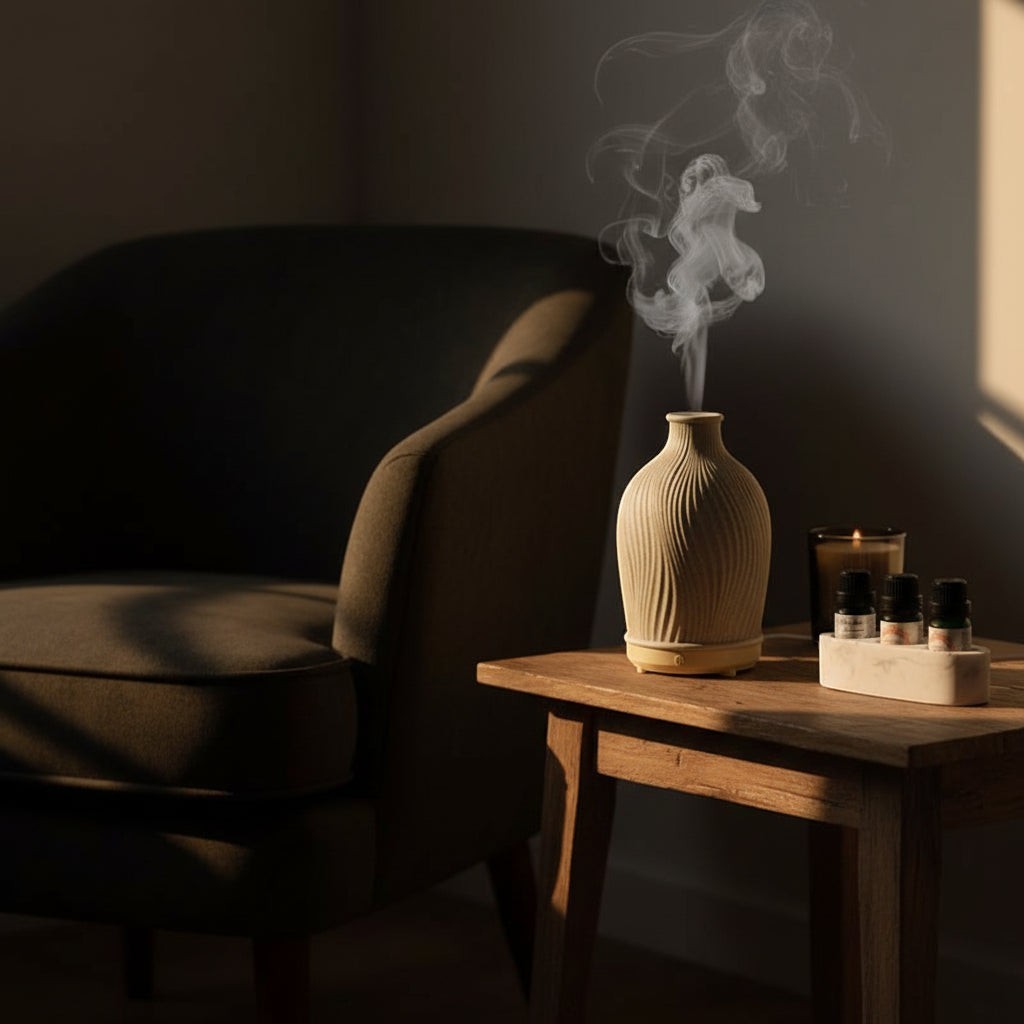 Glow & Drift Earthen Vase Aroma Diffuser with ribbed resin texture emitting mist on a wooden side table in a room.