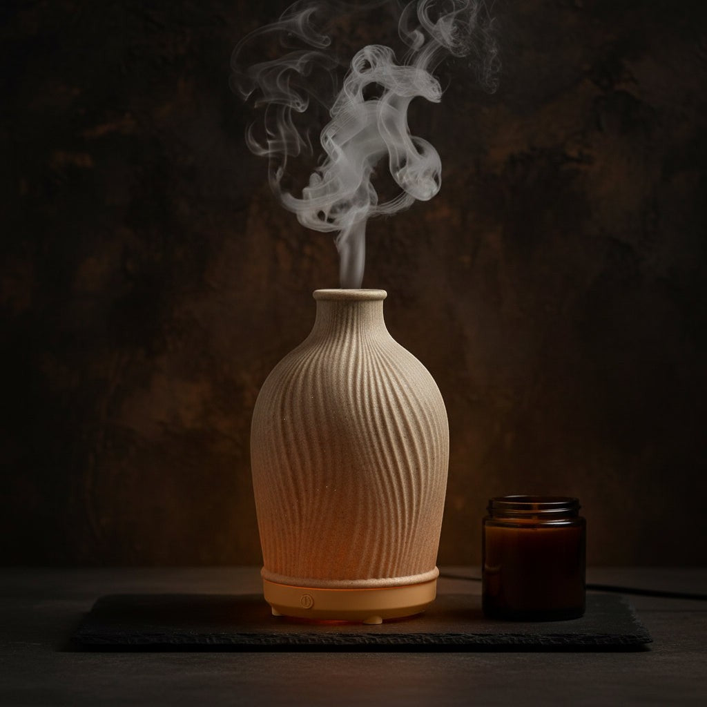 Glow & Drift Earthen Vase aroma diffuser with ribbed resin texture emitting a gentle mist on a dark moody surface.