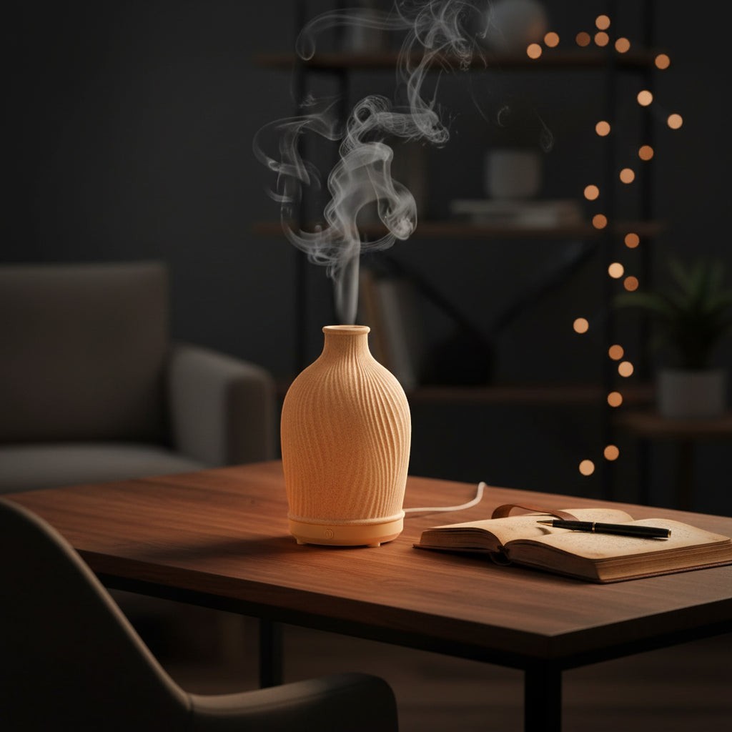 Glow & Drift Earthen Vase Aroma Diffuser with ribbed resin texture emitting a gentle mist on a wooden desk.