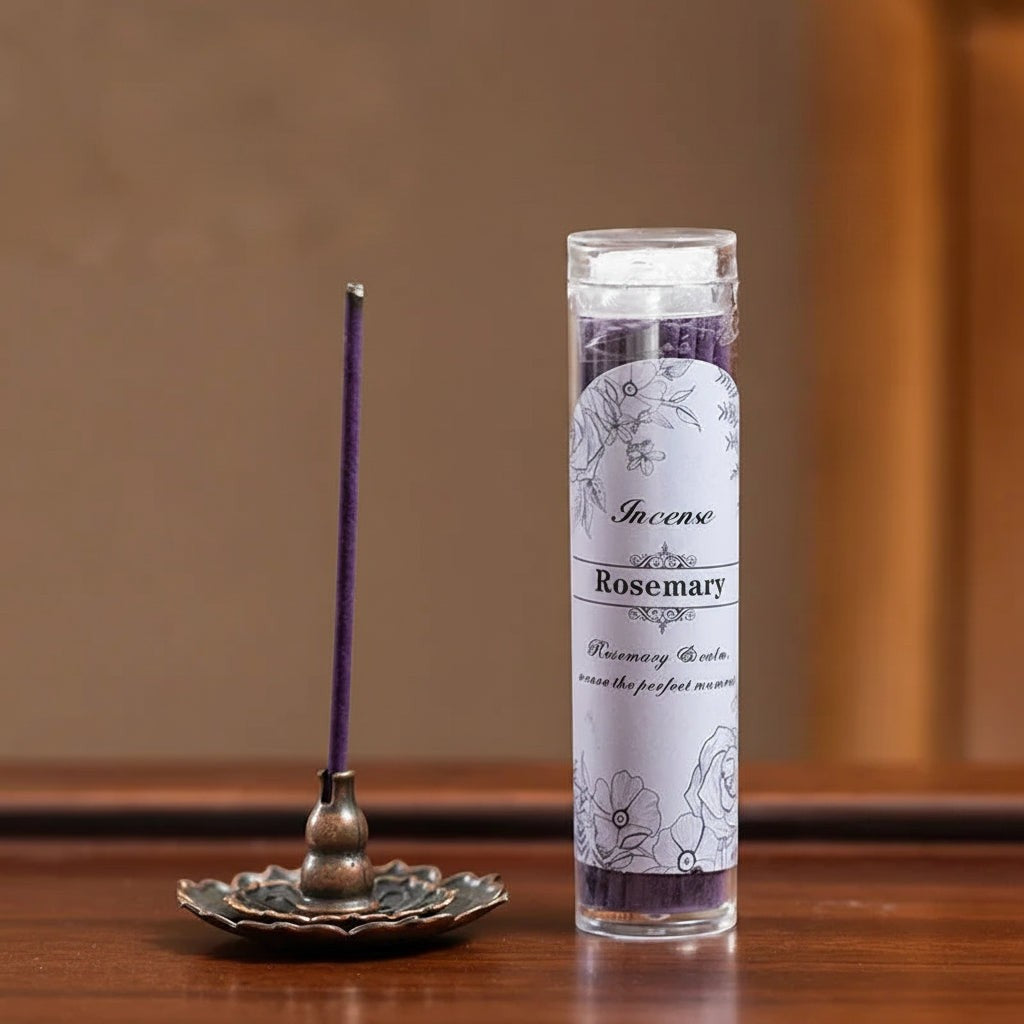 Glow & Drift rosemary incense sticks in a clear storage tube next to a burning purple stick on a bronze holder