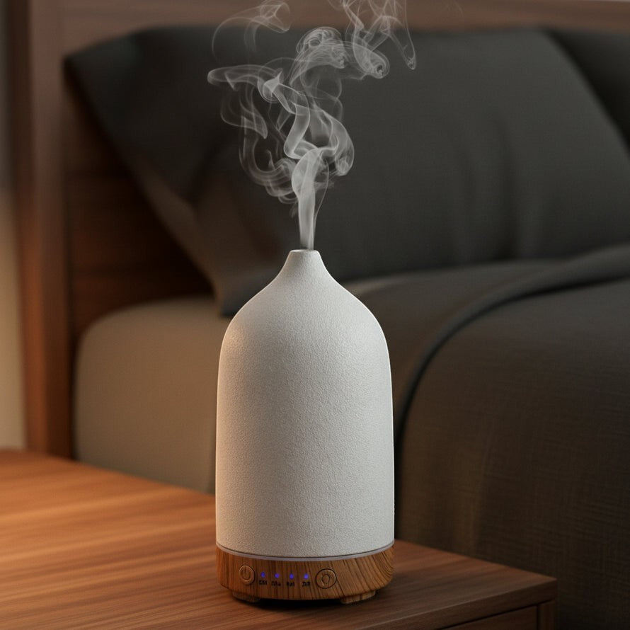 Glow & Drift Serene Stone ceramic essential oil diffuser with matte white finish and wood grain base emitting mist.