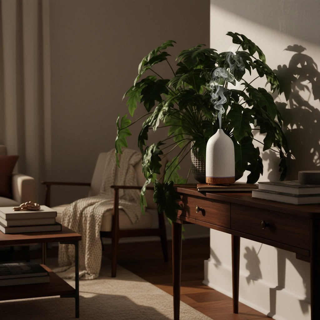 Glow & Drift Serene Stone Ceramic Diffuser emitting mist on a wooden console table in a cozy, sunlit living room.