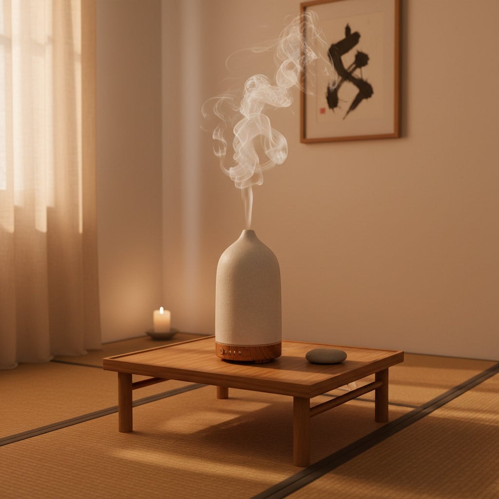 Glow & Drift Serene Stone ceramic diffuser with wood base emitting mist on a low wooden table in a minimalist room.