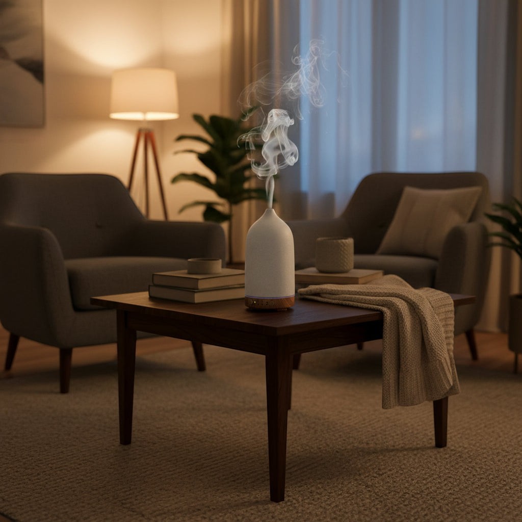 Glow & Drift Serene Stone ceramic diffuser on a wooden coffee table emitting a delicate mist in a cozy living room.