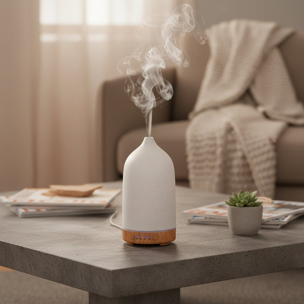 Glow & Drift Serene Stone ceramic diffuser with matte finish and wood base emitting mist on a stone table.