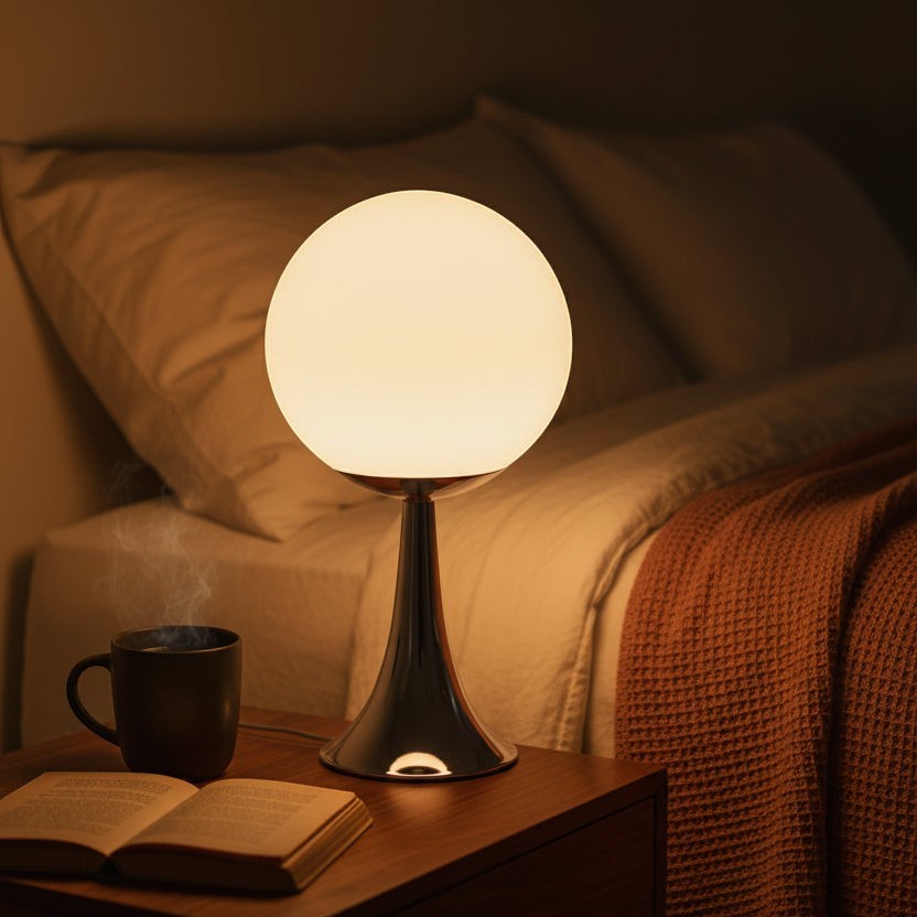 Glow & Drift Solis Glass Globe Lamp with a glowing spherical shade on a polished chrome base on a bedside table.