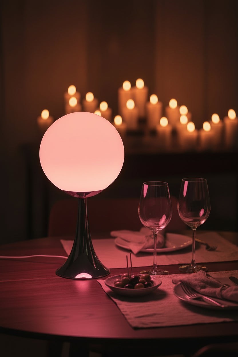 Glow & Drift Solis Glass Globe Lamp with a glowing spherical shade and polished chrome base on a dining table.