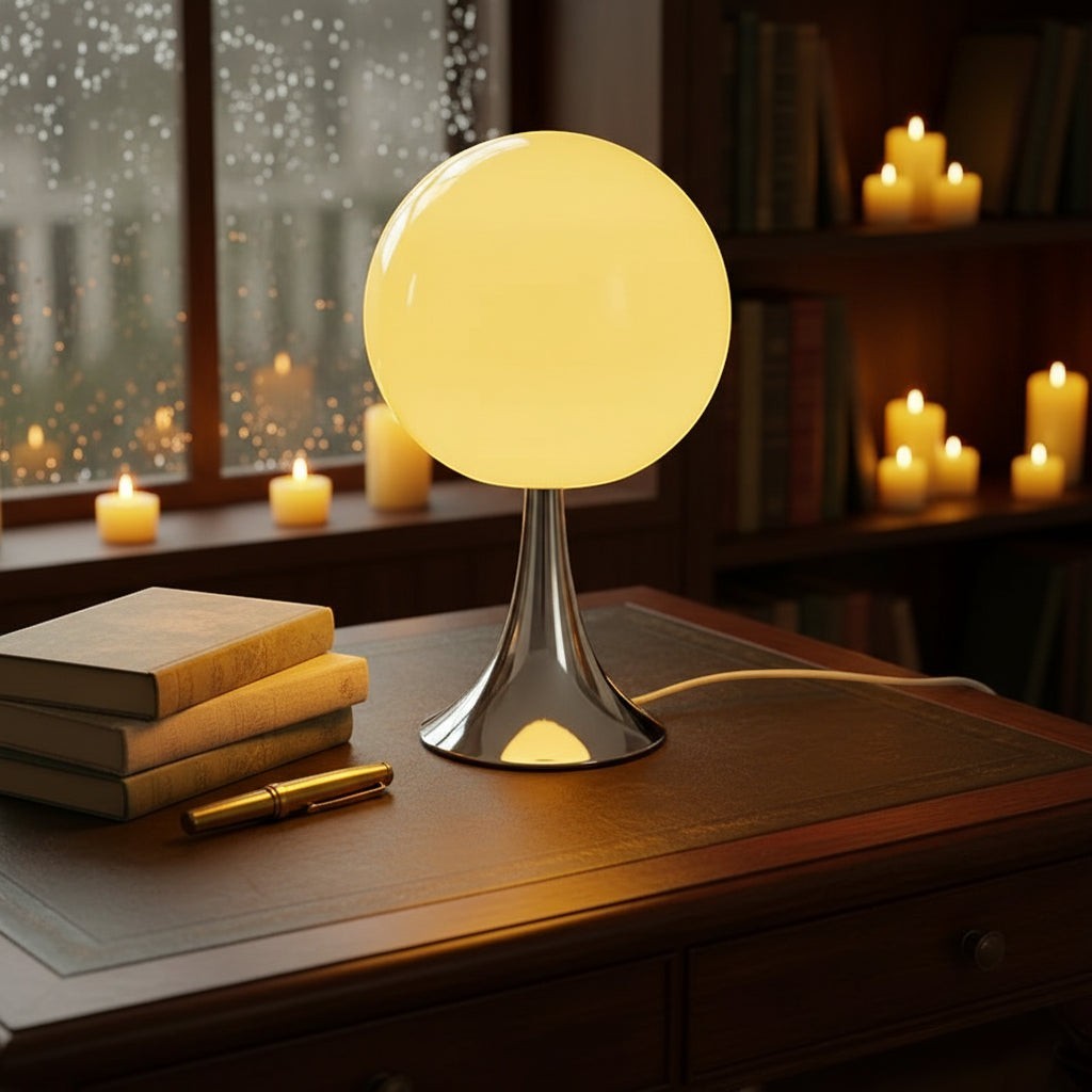 Glow & Drift Solis Glass Globe Lamp with a glowing spherical shade and polished chrome trumpet base on a desk.
