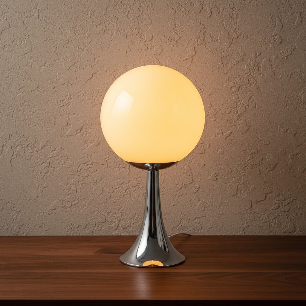 Glow & Drift Solis Glass Globe Lamp with a warm glowing spherical shade and a polished chrome trumpet-style base.