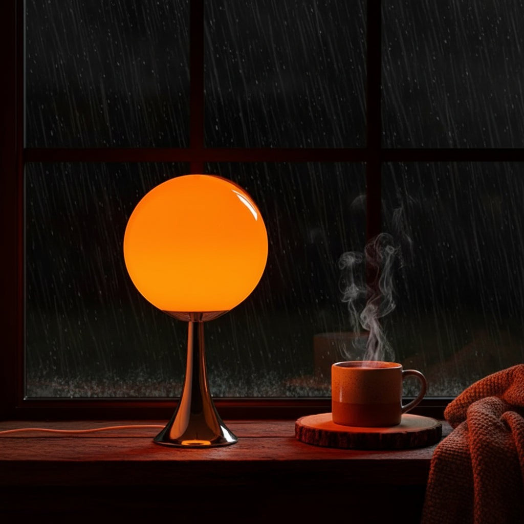 Glow & Drift Solis Glass Globe Lamp with a glowing orange sphere on a polished chrome base next to a steaming mug.