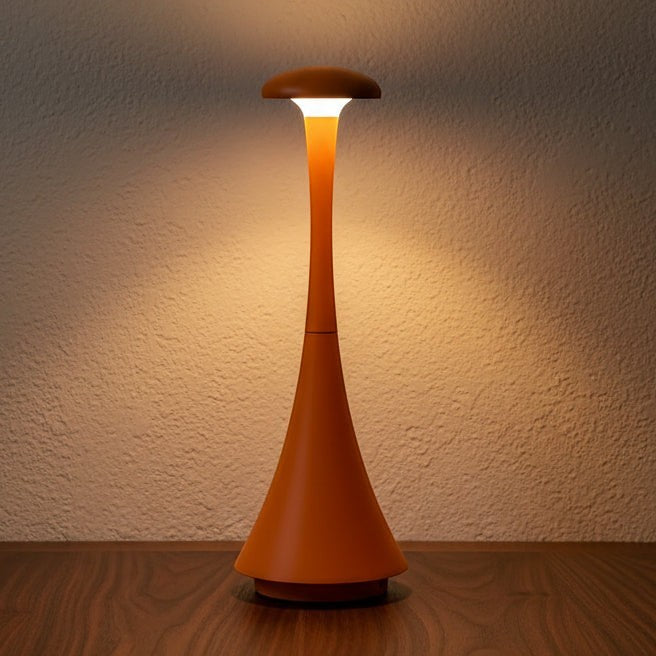 Glow & Drift Spora portable orange mushroom lamp with a minimalist matte finish casting a warm ambient glow.