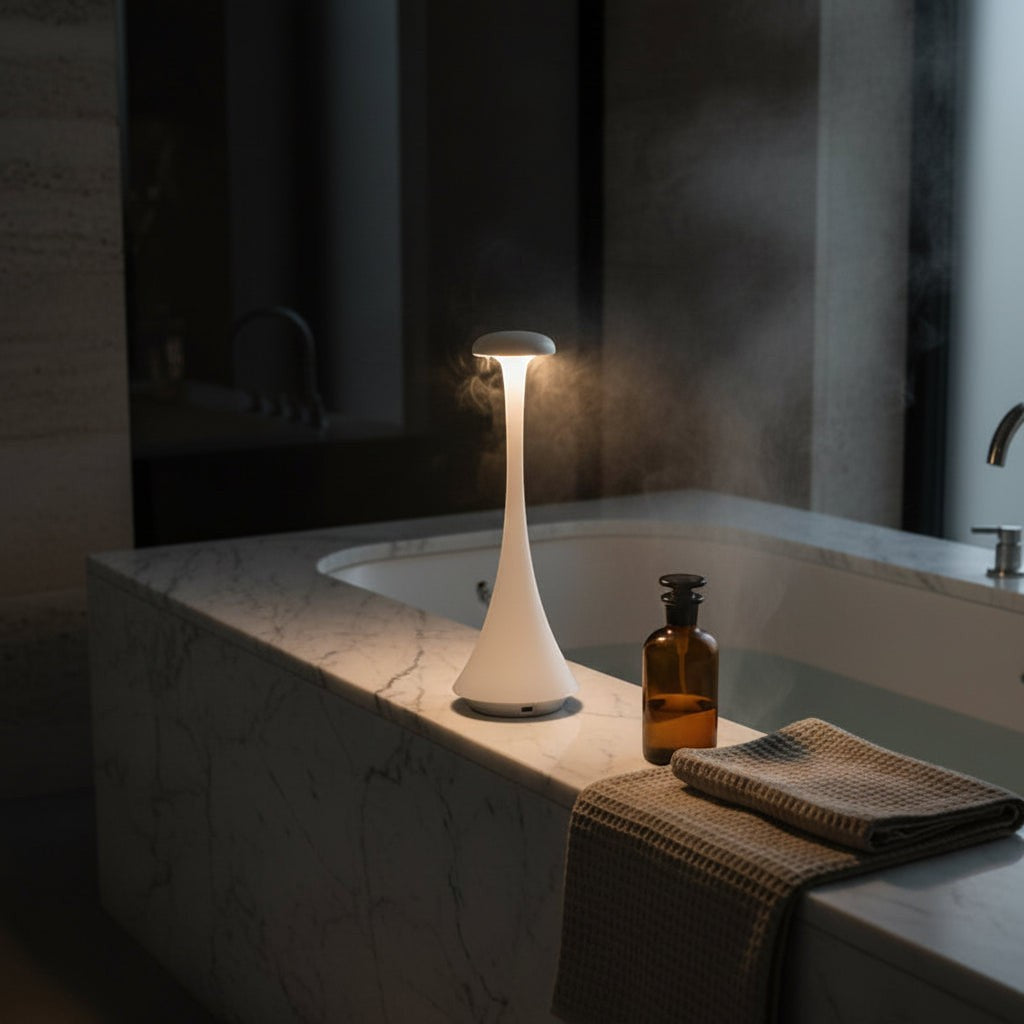 Glow & Drift Spora portable white mushroom lamp emitting a soft ambient glow on a marble bathroom ledge with steam.