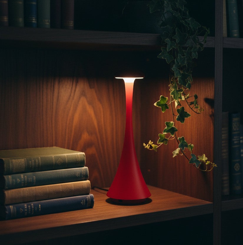 Glow & Drift Spora portable red mushroom lamp casting a warm ambient glow on a wooden bookshelf with books and ivy.