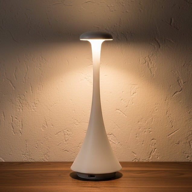 Glow & Drift Spora portable white mushroom lamp with soft ambient lighting on a wooden surface