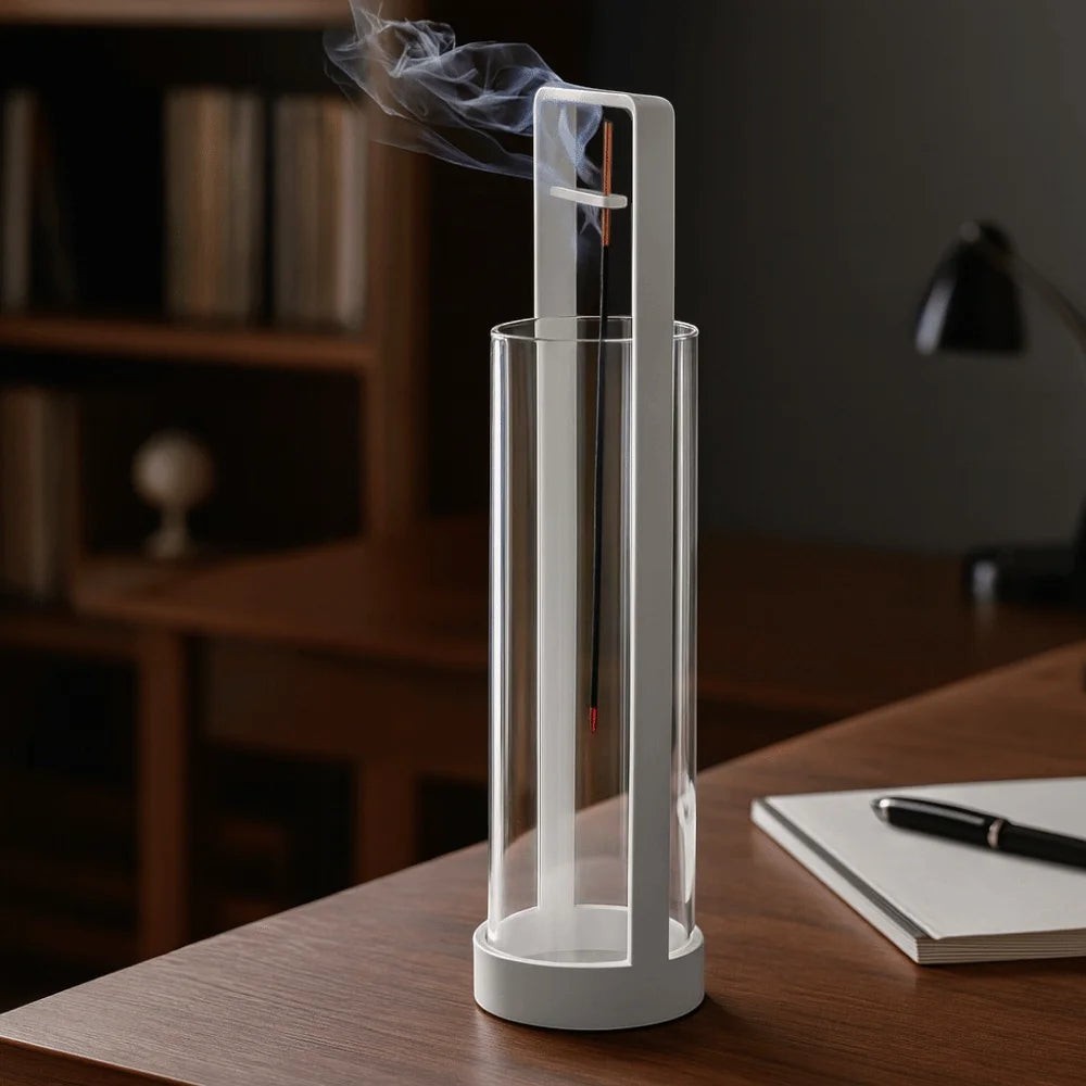 Glow & Drift Zenith suspended glass incense burner with a white iron frame and smoke rising from an incense stick