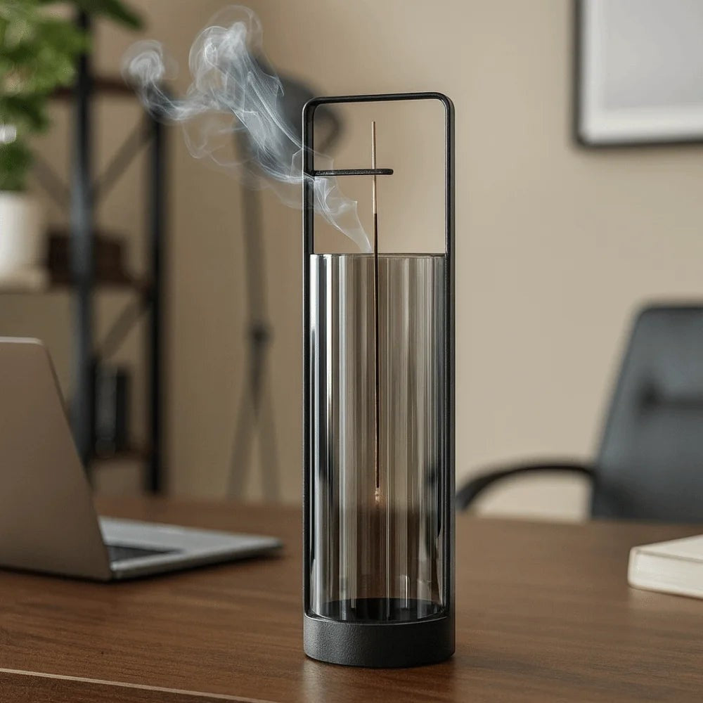 Glow & Drift Zenith suspended glass incense burner with a black iron frame and smoking incense stick on a desk.