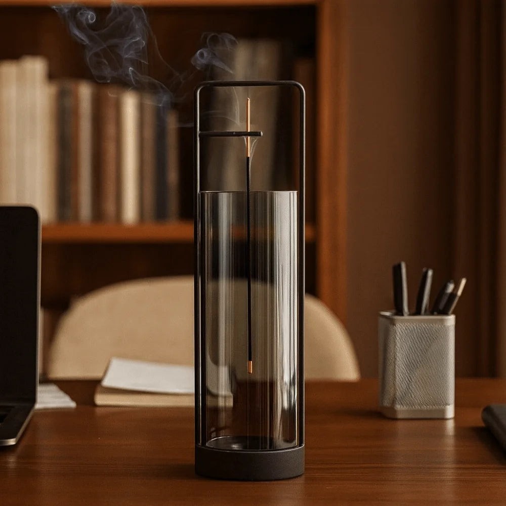 Glow & Drift Zenith suspended glass incense burner with a black iron frame and smoking incense stick on a desk.