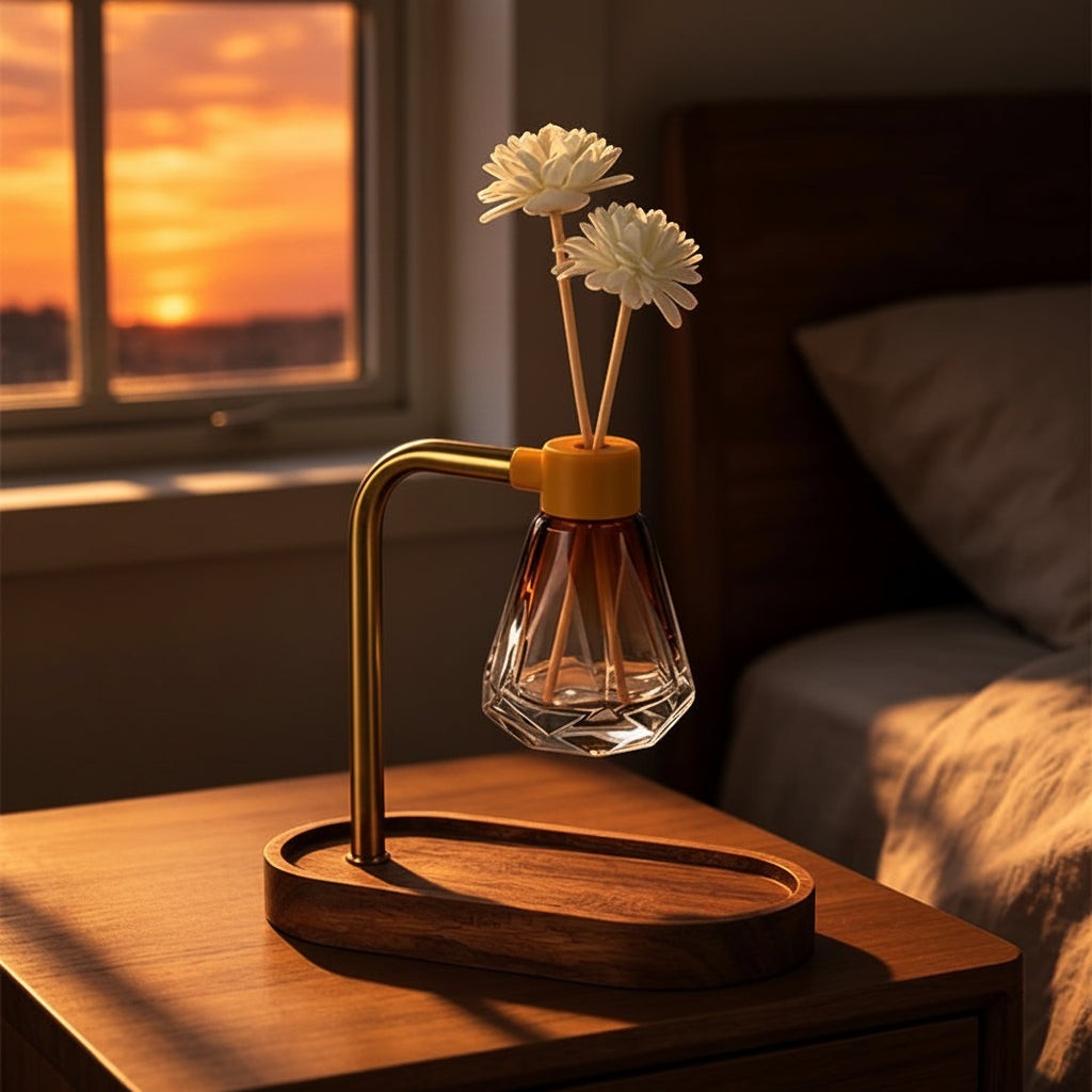 Glow & Drift Elara suspended reed diffuser with acacia wood base, brass arm, and diamond glass vessel on a nightstand.