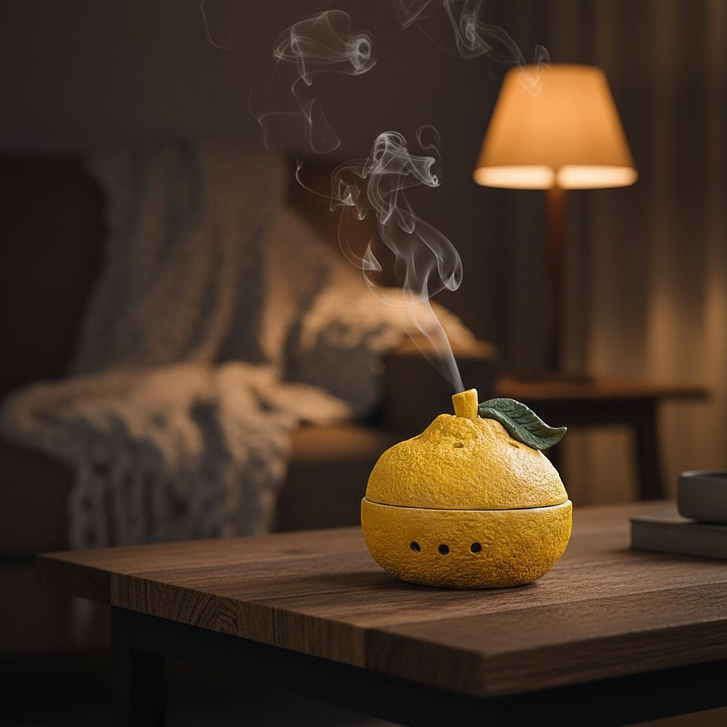 Glow & Drift Harvest Ceramic Fruit Incense Vessel in textured yellow tangerine shape with smoke rising from the stem.