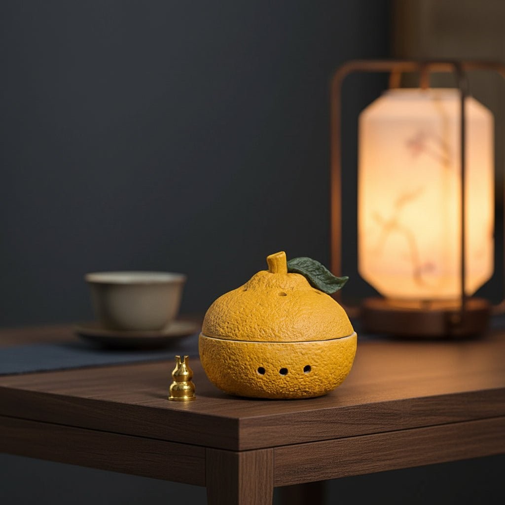 Glow & Drift textured tangerine ceramic incense vessel on a wooden table with a small brass accessory