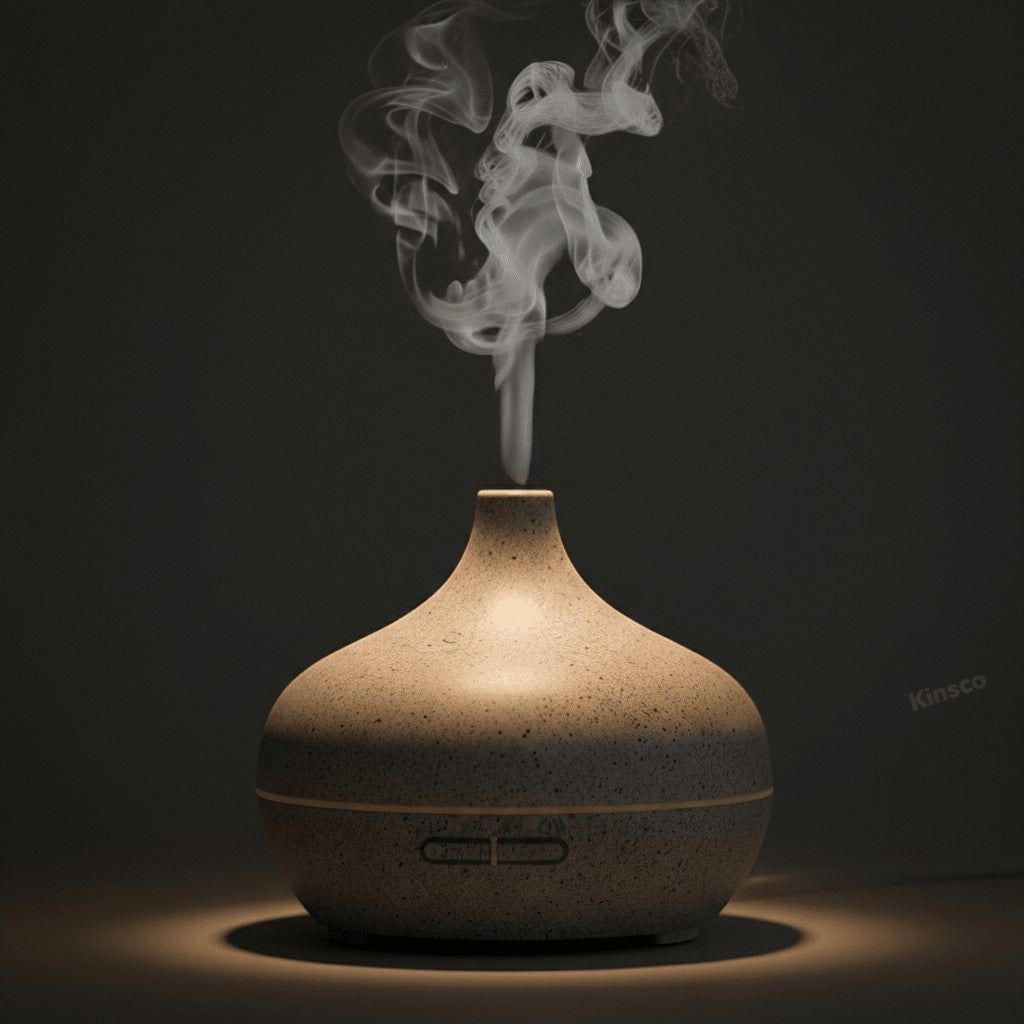 Glow & Drift Timber Wood Grain Aroma Diffuser emitting a gentle cool mist in a dark, tranquil bedroom setting.