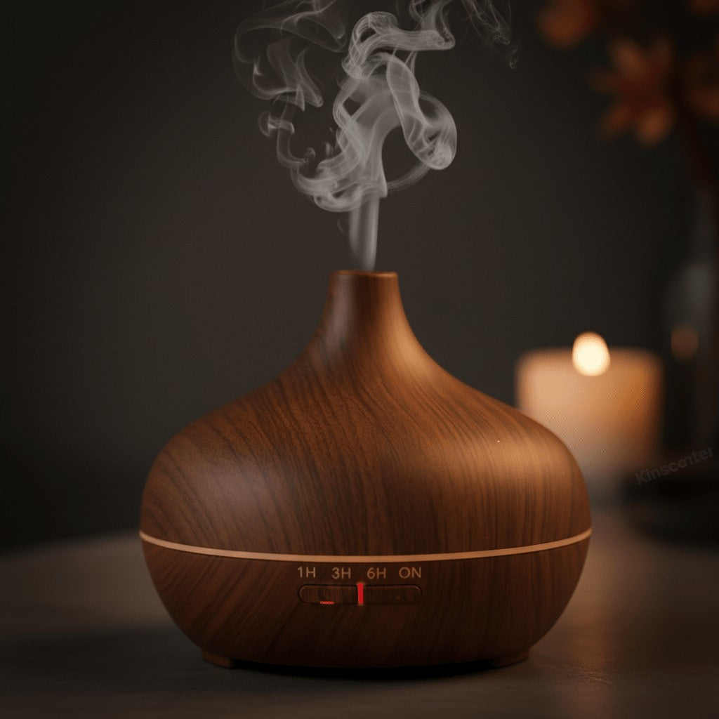 Glow & Drift Timber Wood Grain Aroma Diffuser releasing a cool mist with timer settings visible on a dark background.