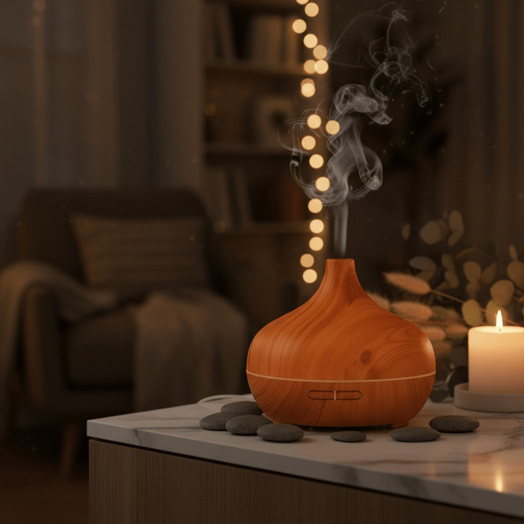 Glow & Drift Timber Wood Grain Aroma Diffuser emitting a cool mist on a marble table in a cozy, dimly lit bedroom.