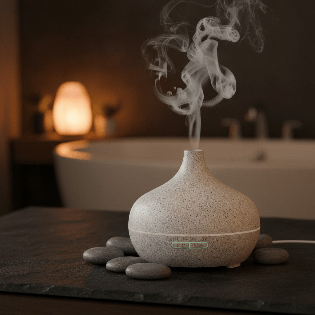 Glow & Drift Timber Wood Grain Aroma Diffuser emitting cool mist on a stone surface with spa-like bathroom background.