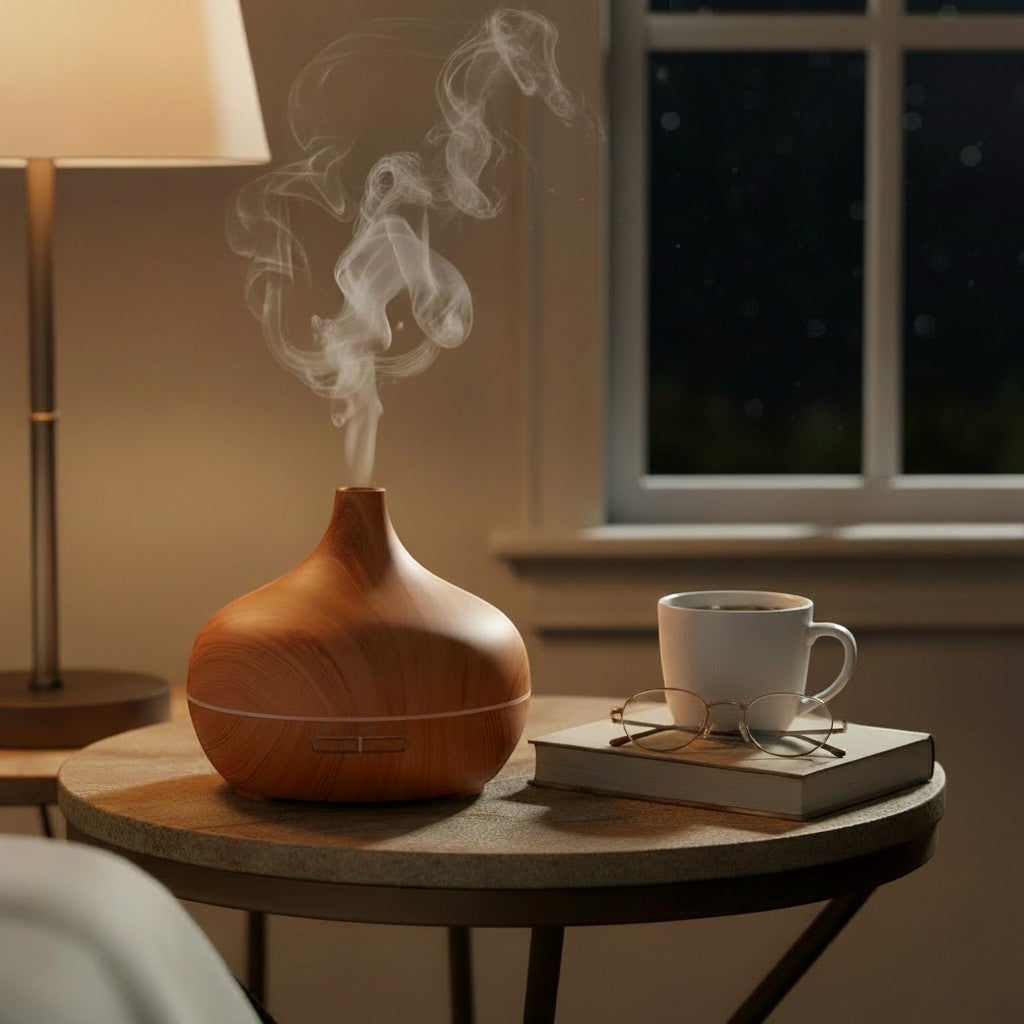 Glow & Drift Timber Wood Grain Aroma Diffuser emitting cool mist on a bedside table with a book and coffee mug.