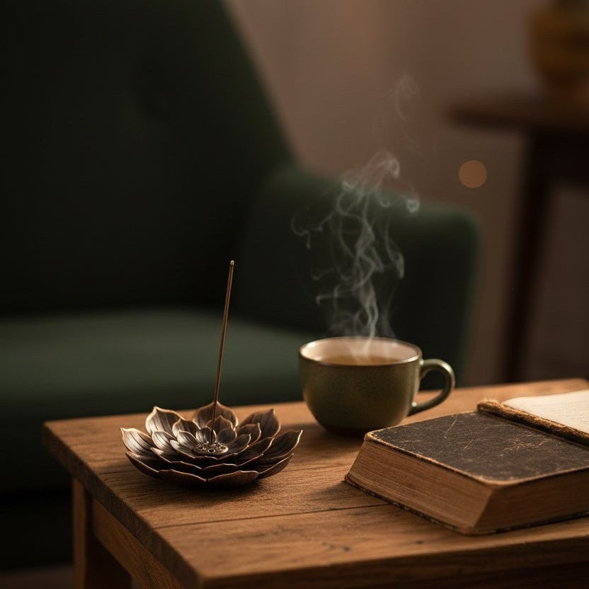Glow & Drift vintage lotus incense burner plate in antique bronze finish on a wooden table with a steaming mug and book.