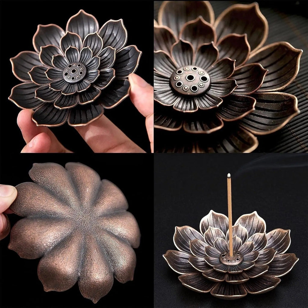Glow & Drift vintage lotus incense burner plate in antique bronze finish, featuring intricate petal details and ash tray.
