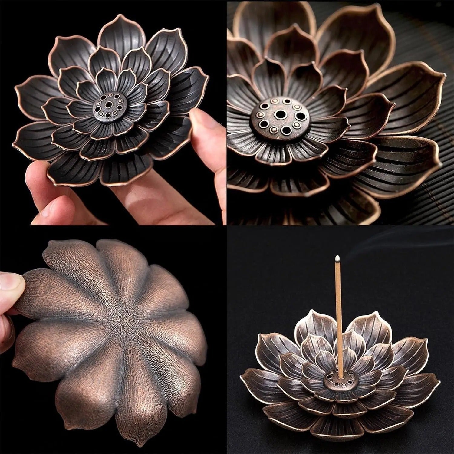 Glow & Drift vintage lotus incense burner plate in antique bronze finish, featuring intricate petal details and ash tray.