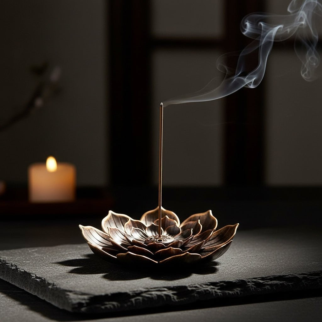 Glow & Drift vintage lotus incense burner in antique bronze finish with a burning incense stick on a slate base