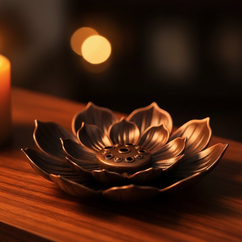 Glow & Drift vintage lotus incense burner plate in antique bronze finish, crafted from durable aluminium alloy.