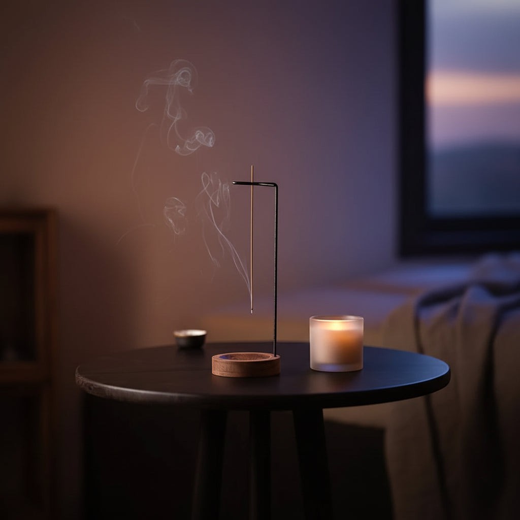 Glow & Drift Equinox walnut incense stand with a hanging incense stick and smoke on a dark wooden table at sunset.