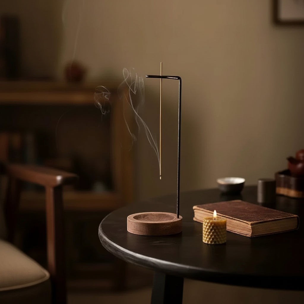 Glow & Drift Equinox walnut incense stand with a metal arm suspending an incense stick over a wooden ash tray.