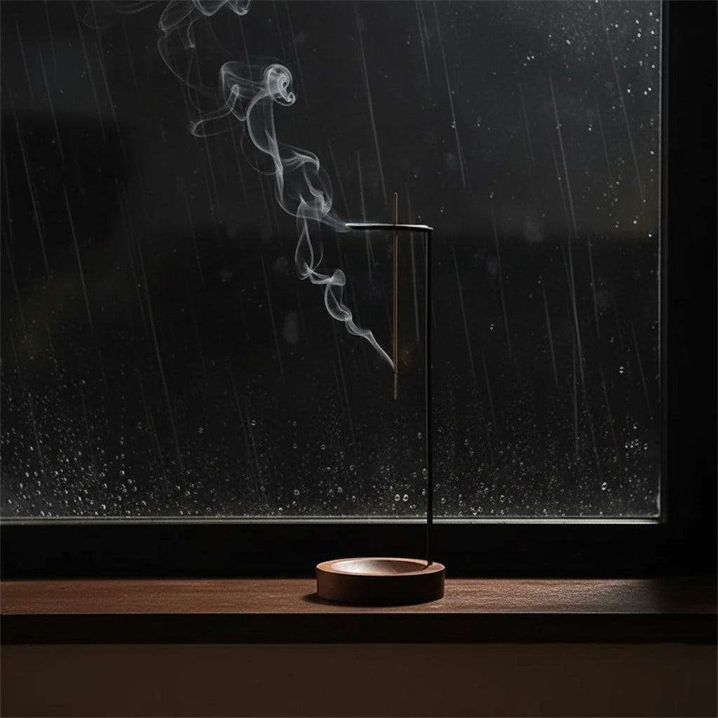 Glow & Drift Equinox walnut incense stand with a burning stick suspended over a wooden ash tray by a rainy window.