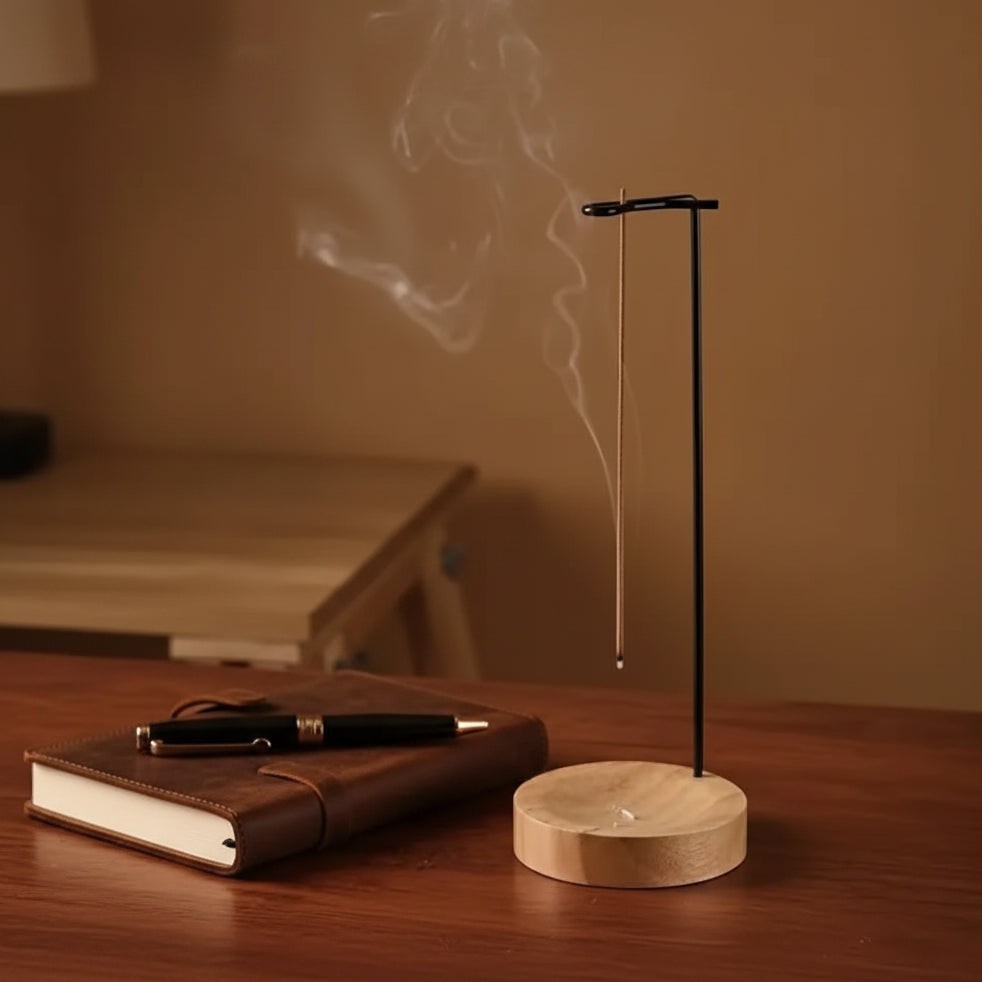 Glow & Drift Equinox walnut incense stand with a hanging stick and ash-catching wooden base on a desk.
