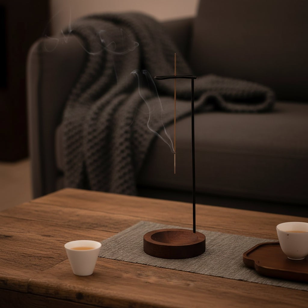 Glow & Drift Equinox walnut incense stand with a hanging stick, featuring a minimalist wood base and metal arm.