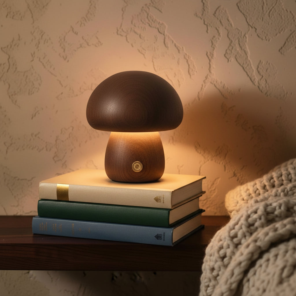 A walnut Wooden Mushroom Lamp resting on a stack of hardcover books, casting a warm, serene glow in a cozy evening setting with a chunky knit blanket nearby.