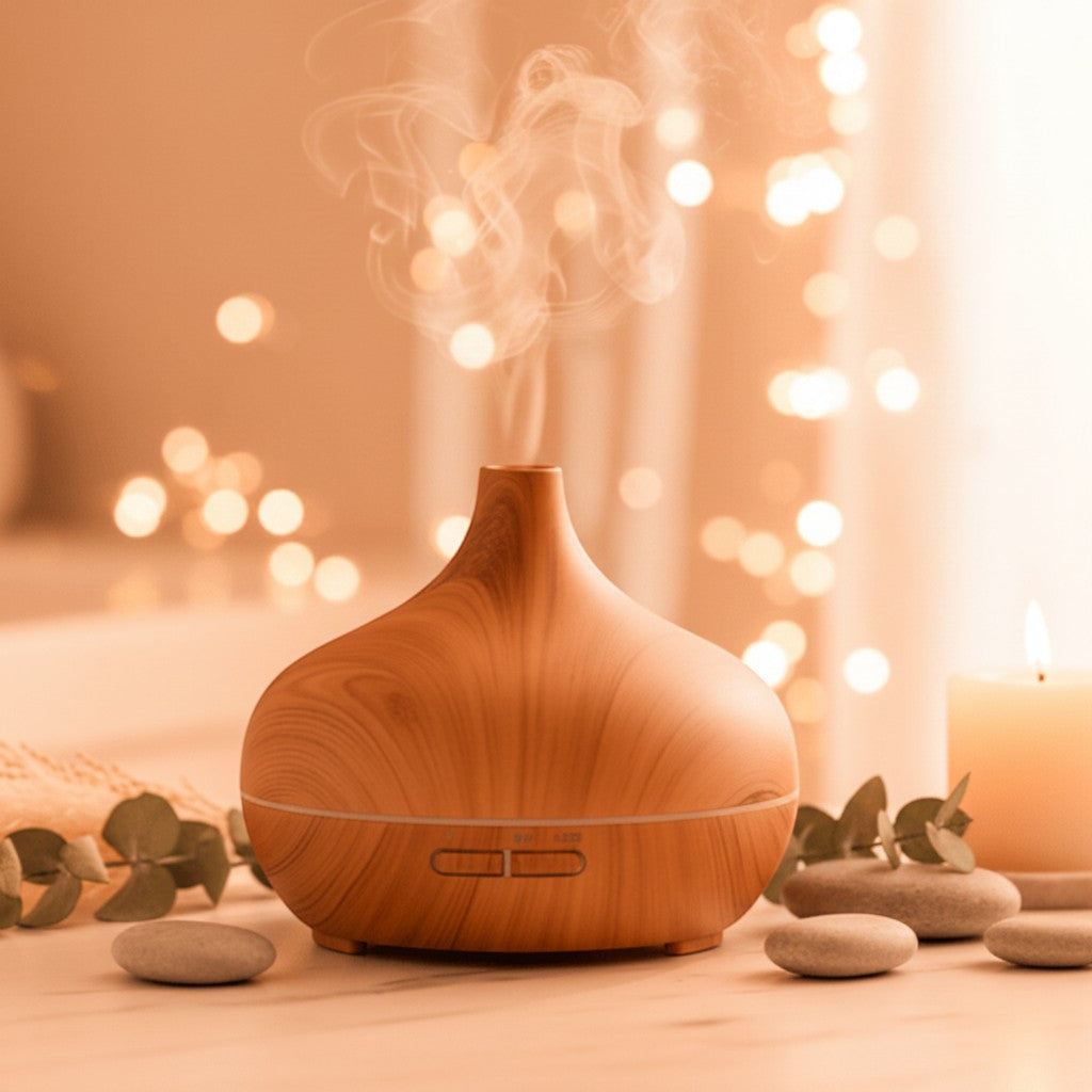 Glow & Drift Timber Wood Grain Aroma Diffuser emitting a gentle mist in a cozy, warm-lit bedroom setting.