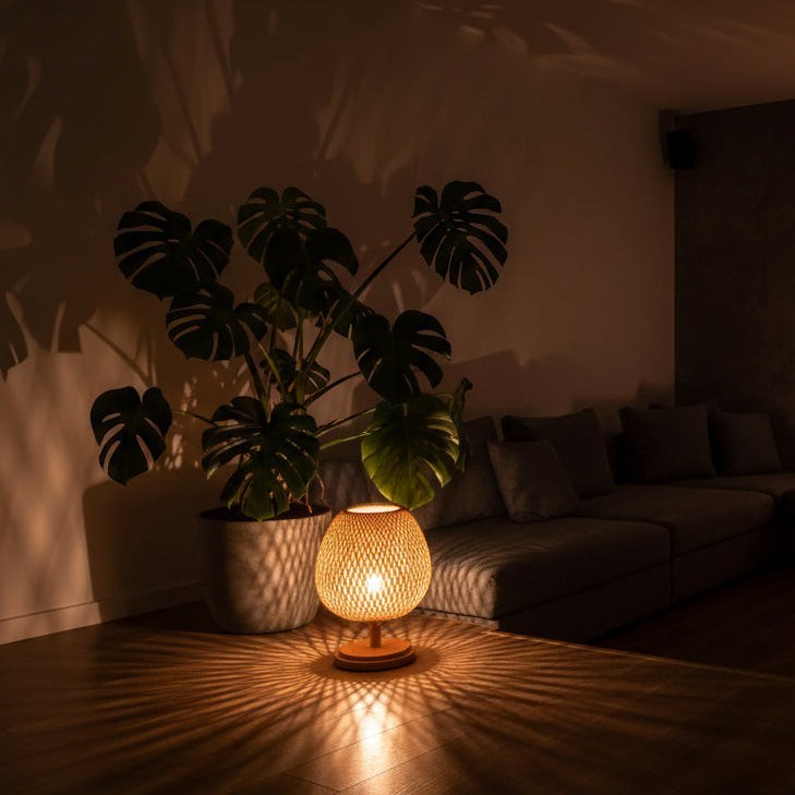 Glow & Drift woven bamboo globe lamp on a wooden base casting geometric shadows in a cozy living room with a monstera