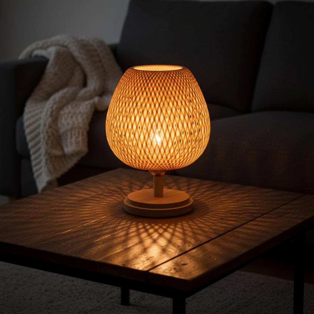 Glow & Drift globe-shaped woven bamboo table lamp casting warm geometric shadows on a wooden side table