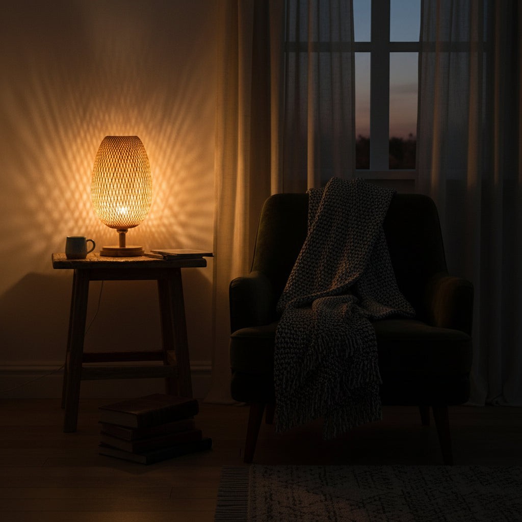 Glow & Drift Woven Canopy Bamboo Lamp on a wooden side table casting warm geometric shadows in a cozy reading nook.