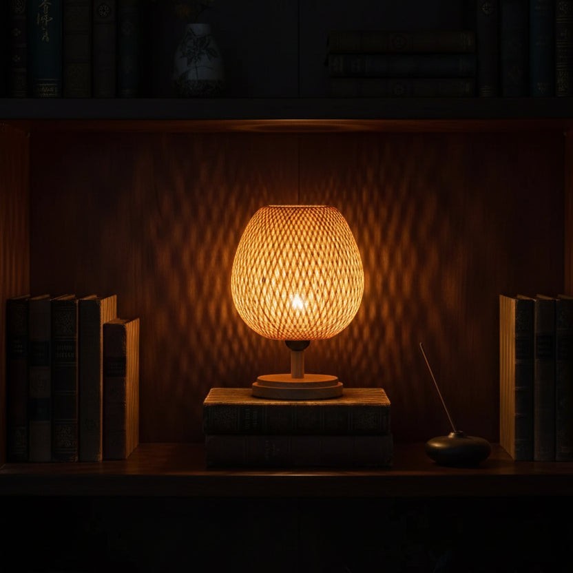 Glow & Drift Woven Canopy Bamboo Lamp with hand-knitted rattan shade casting warm geometric shadows on a bookshelf.