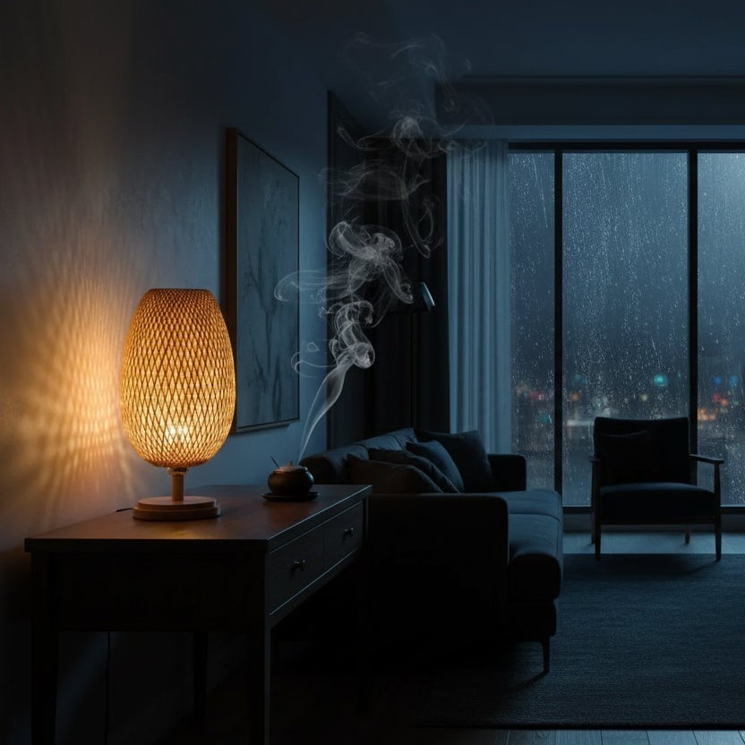 Glow & Drift woven bamboo lamp on a wooden base casting geometric shadows in a cozy, dim living room with incense smoke
